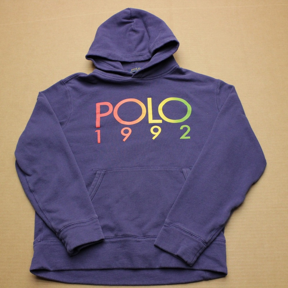 Polo Ralph Lauren Hoodie Mens M Blue 1992 Graphic Spellout Multicolor Pullover